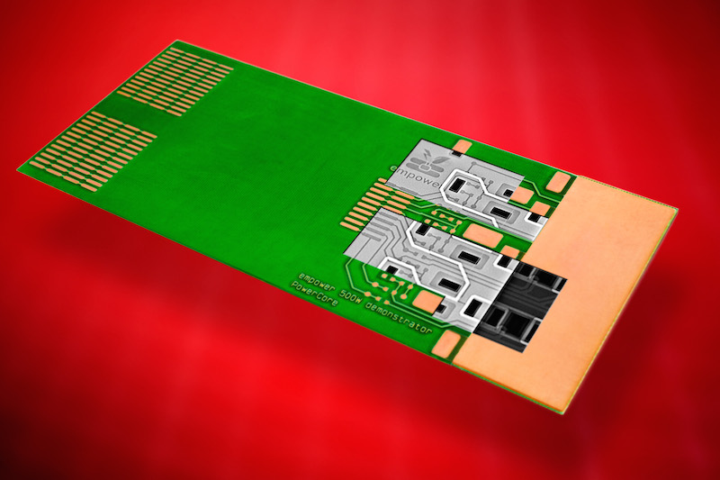 Eingebettetes Modul für leistungselektronische Anwendungen (500 W). Das Modul enthält Leistungs-MOSFETs und Kupferstrukturen zur Wärmespreizung