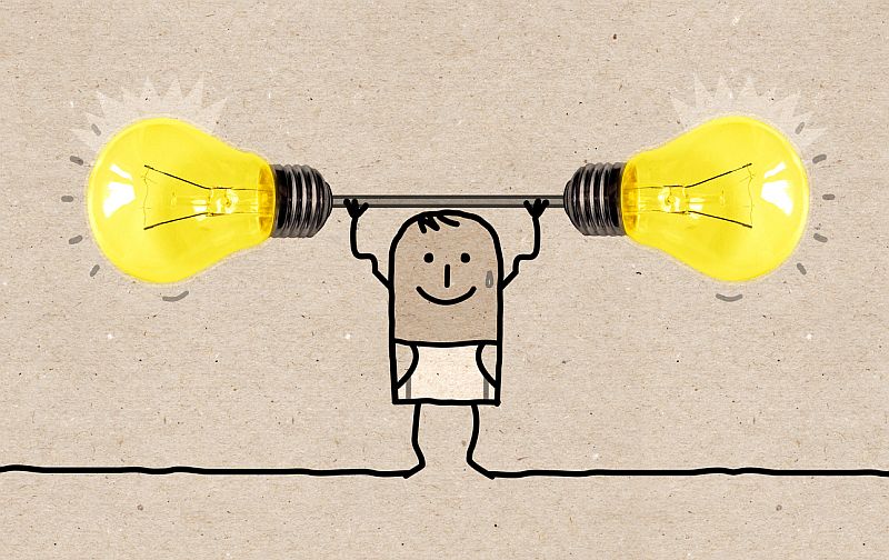 Hand drawn Strong and Sporty Cartoon Man with big Yellow light Bulbs - Collage
