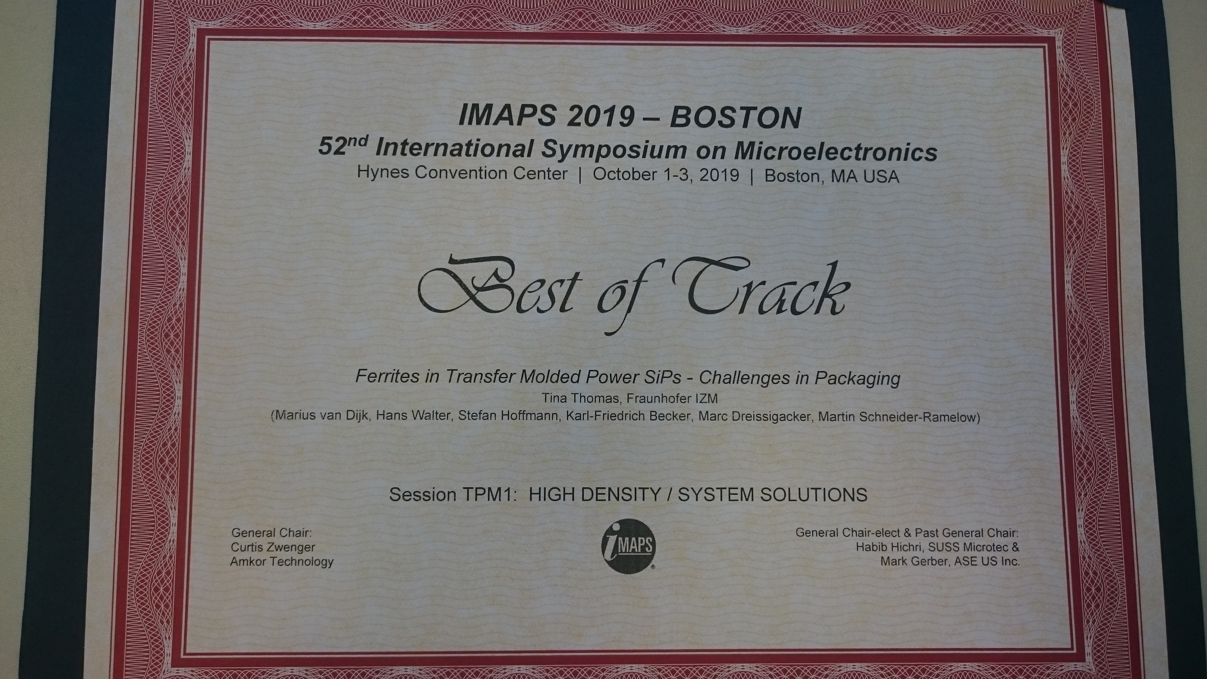 Best Paper of Track für Tina Thomas bei der IMAPS 2019 