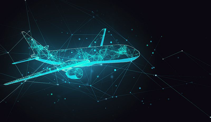 Abstract polygonal airplane on black background. AI and teamwork concept. 3D Rendering