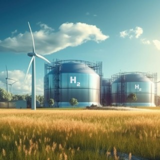 Hydrogen production and processing plant located in the countryside. Generative AI image.