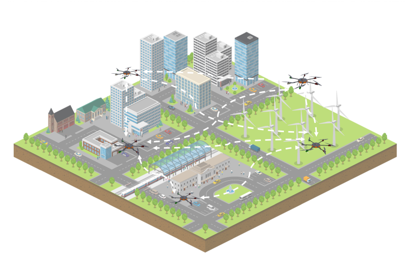 Vector isometric city or town block with building construction site and bus terminal. Buildings, houses, homes and offices. People and transport on the streets. 