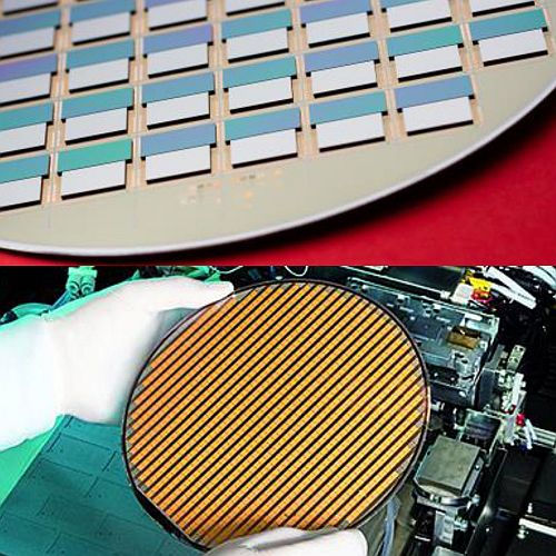 Examples of 200 mm substrate wafer populat- ed by chip-to-wafer assembly process (top: memory and CPU on silicon interposer; bot- tom: pixelated LED die on CMOS driver)