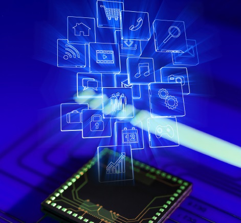 Graphic representation of digital icons symbolizing various services and apps on a blue background with a microchip.