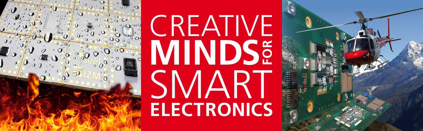 Banner with three images: Circuit board with fire and electronic components, red text 'Creative Minds for Smart Electronics' on a white Background, Helicopter flying over a mountainous landscape, view of the green motherboard