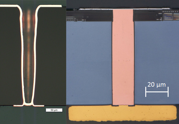 Through glass via with copper liner metallization (left) | Through silicon via with copper filling in CMOS wafer (right)