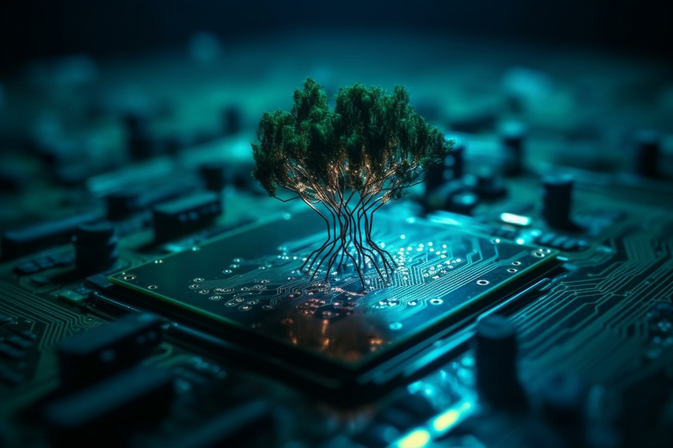 On the junction of the circuit board for the computer, a tree with soil is sprouting. Background of wireframe network and blue light. Concepts for CSR, green technology, green. Generative AI