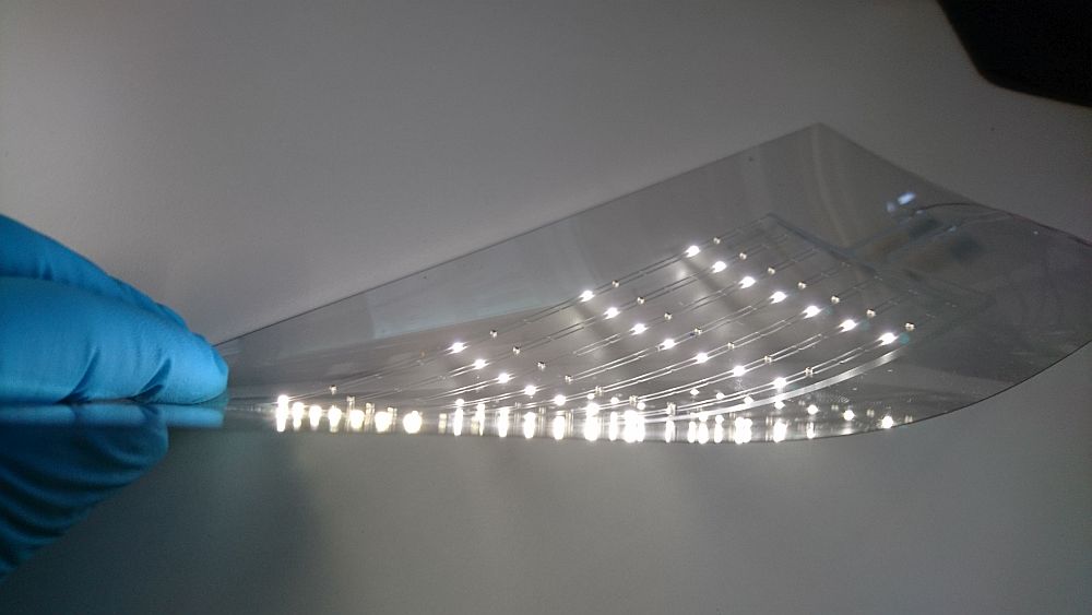 Functional film – Embedded LEDs lighting up in a transparent polycarbonate film. 