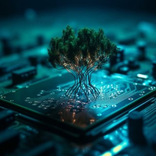 On the junction of the circuit board for the computer, a tree with soil is sprouting. Background of wireframe network and blue light. Concepts for CSR, green technology, green. Generative AI