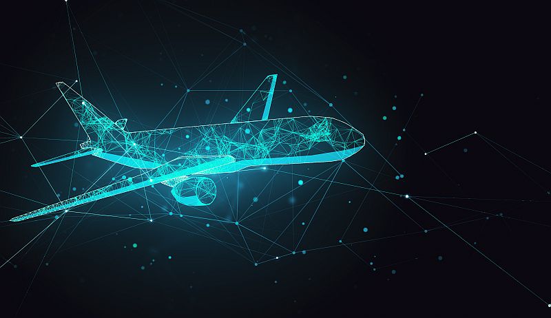 Abstract polygonal airplane on gray background. Abstract polygonal airplane on black background. AI and teamwork concept. 3D Rendering